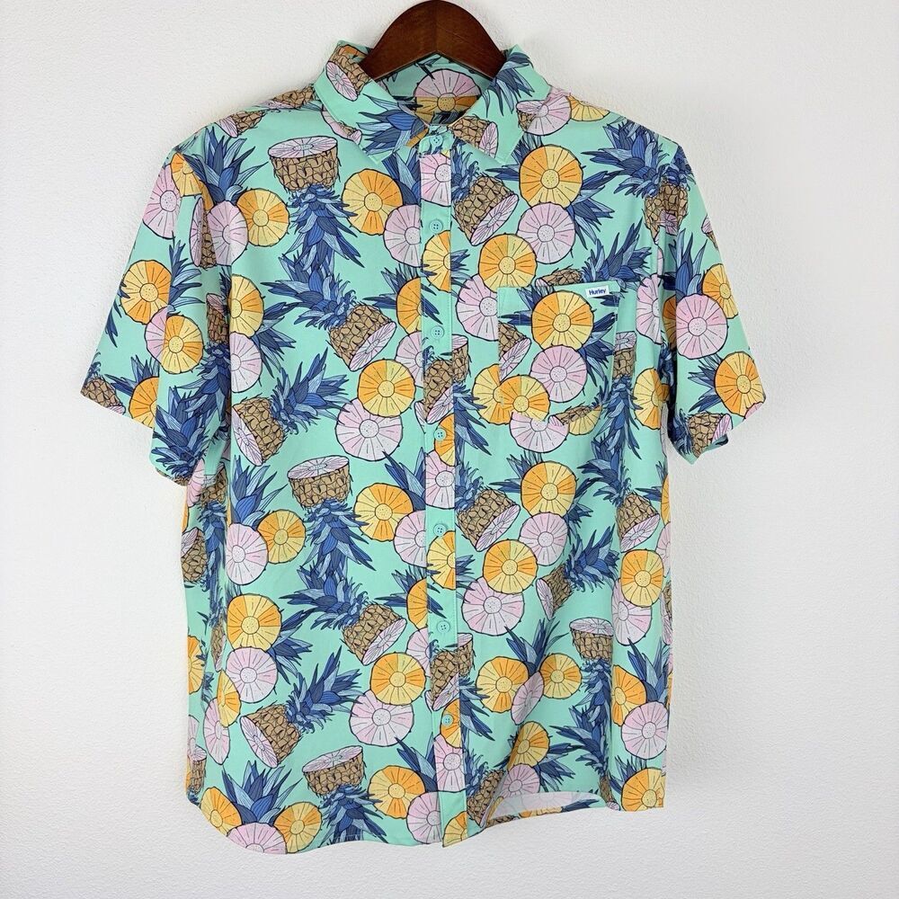 HURLEY Tropical Pineapple Button Front Shirt Men’s Large Aqua Short Sleeve